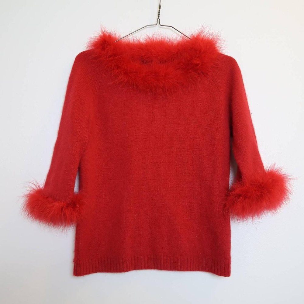 Vintage Ozoc red fuzzy feather trim sweater top